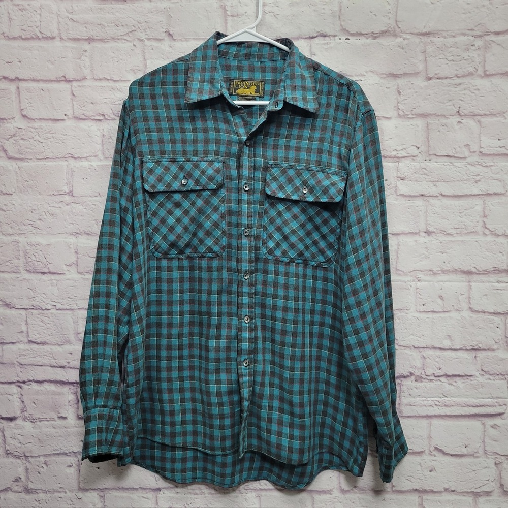 Branded Lion Plaid Flannel‎ Shirt Mens L Teal Blue Grunge Retro Gorpcore Cabin